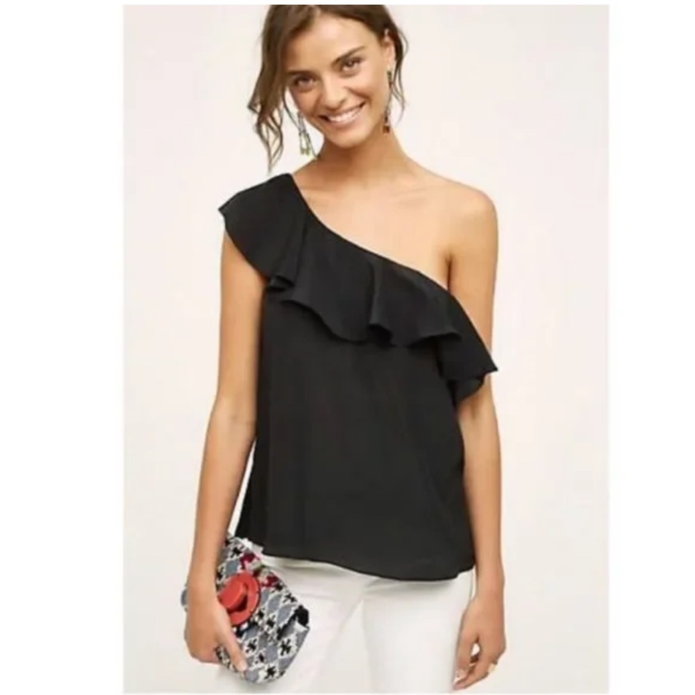 🏷️ MAEVE ANTHROPOLOGIE Pure Silk One Shoulder Lined Ruffle Top 8/MEDIUM Black